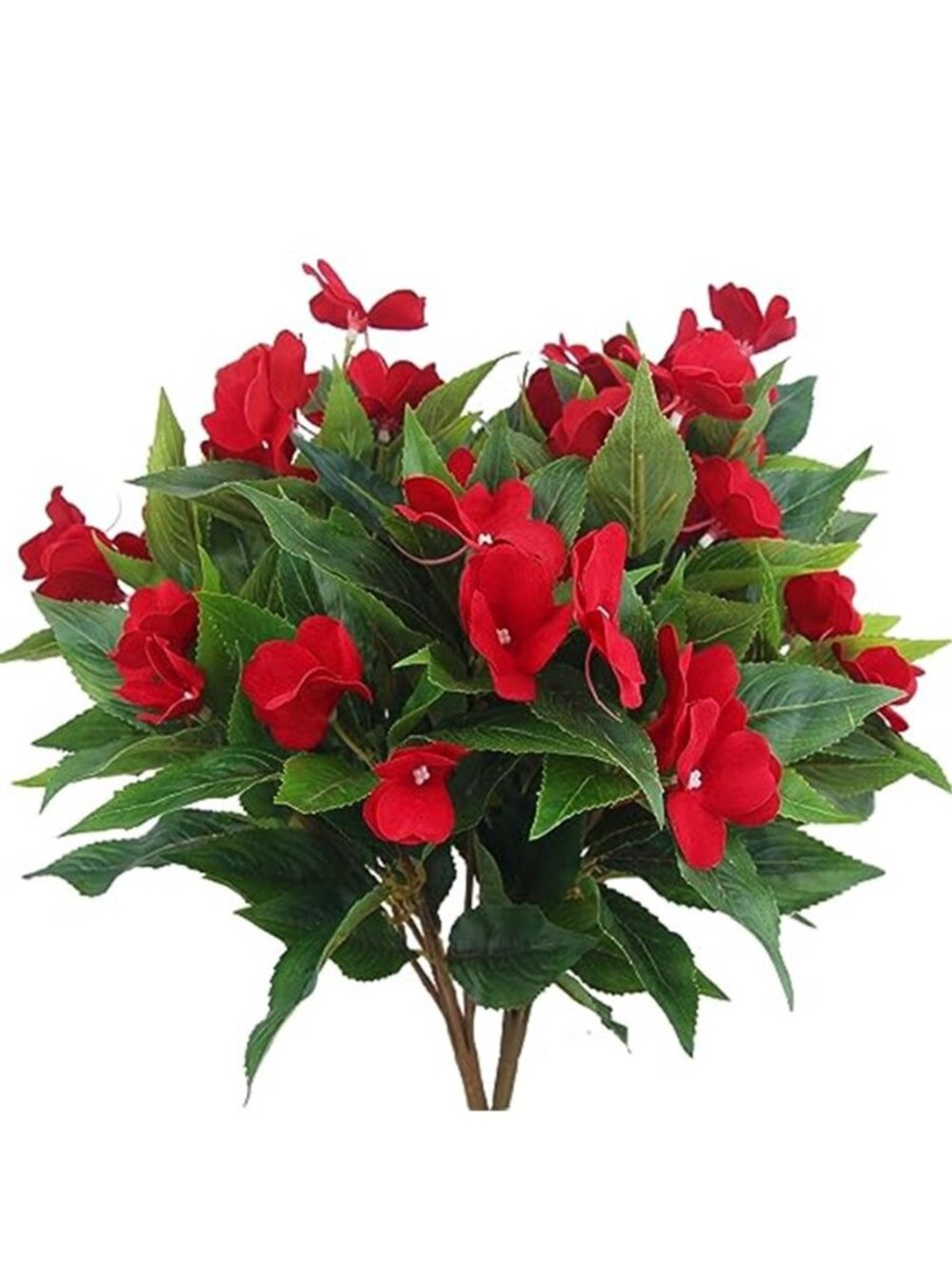 Artificial Red Impatiens Flowers 2 Stem Silk Bouquet UV Resistant Outdoor Garden